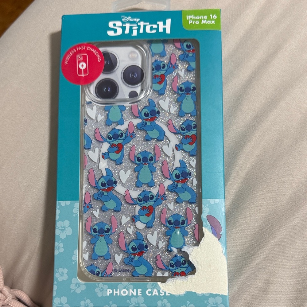 Disney Stitch iPhone 16 Pro Max Case - Blue and Pink Hearts